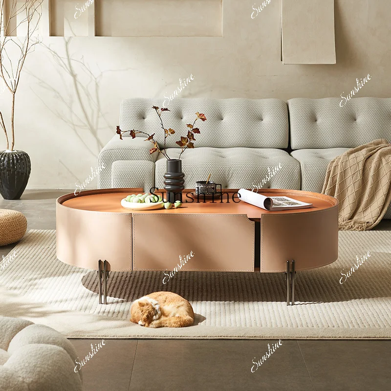 

Italian minimalist saddle leather high-end creative solid wood round coffee table FT