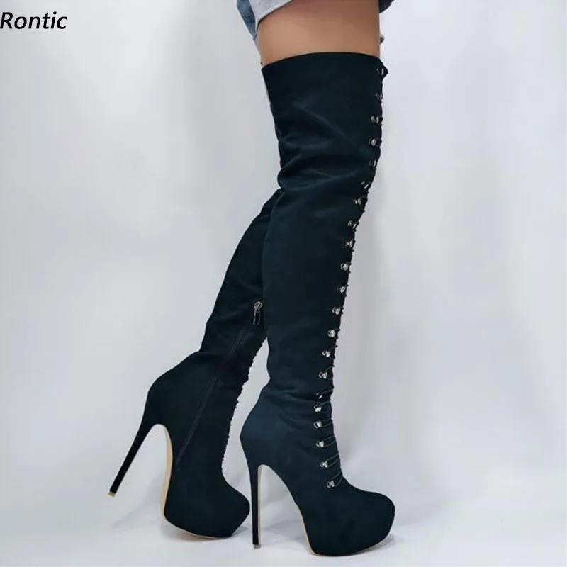 

Rontic Women Winter Thigh Boots Platform Faux Suede Side Zipper Stiletto Heels Round Toe Black Party Shoes US Plus Size 5-20