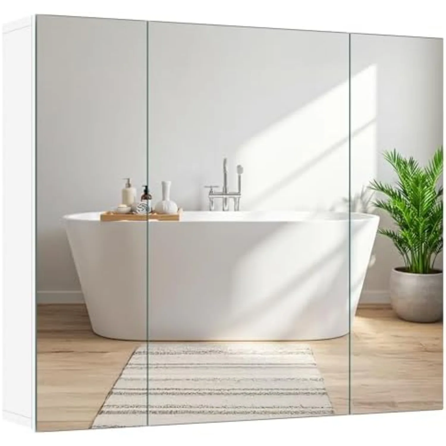 28" White Bathroom Medicine Cabinet with 3 Frameless Mirror Doors | Bathroom Mirror with Storage, 28" x 24" x 6" MDF