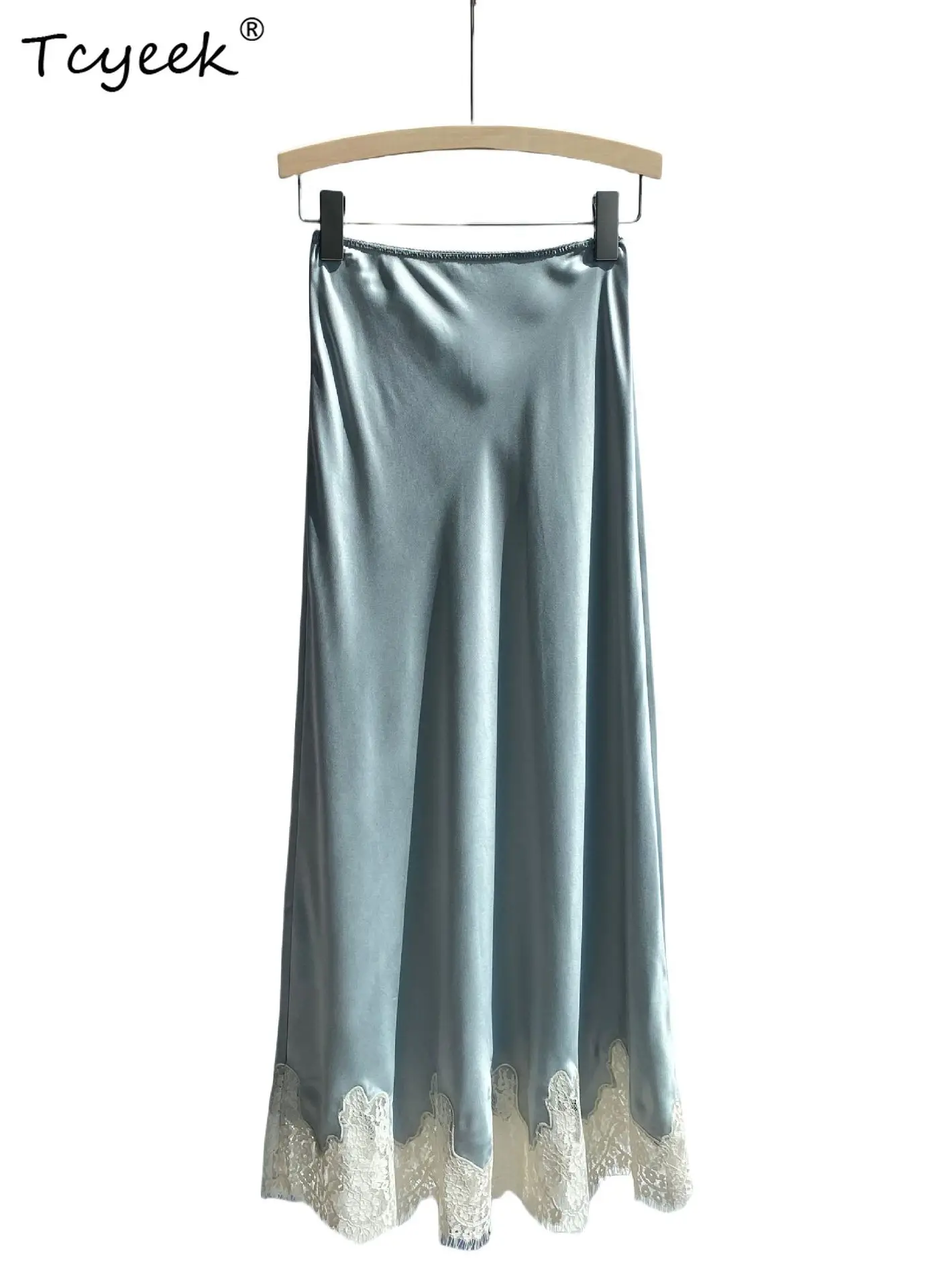 

Tcyeek, 20MM 92%Natural Silk Elegant Skirts, Women Satin Lace Splicing, French Vintage Trumpet, 2024 Summer Autumn B480115CC