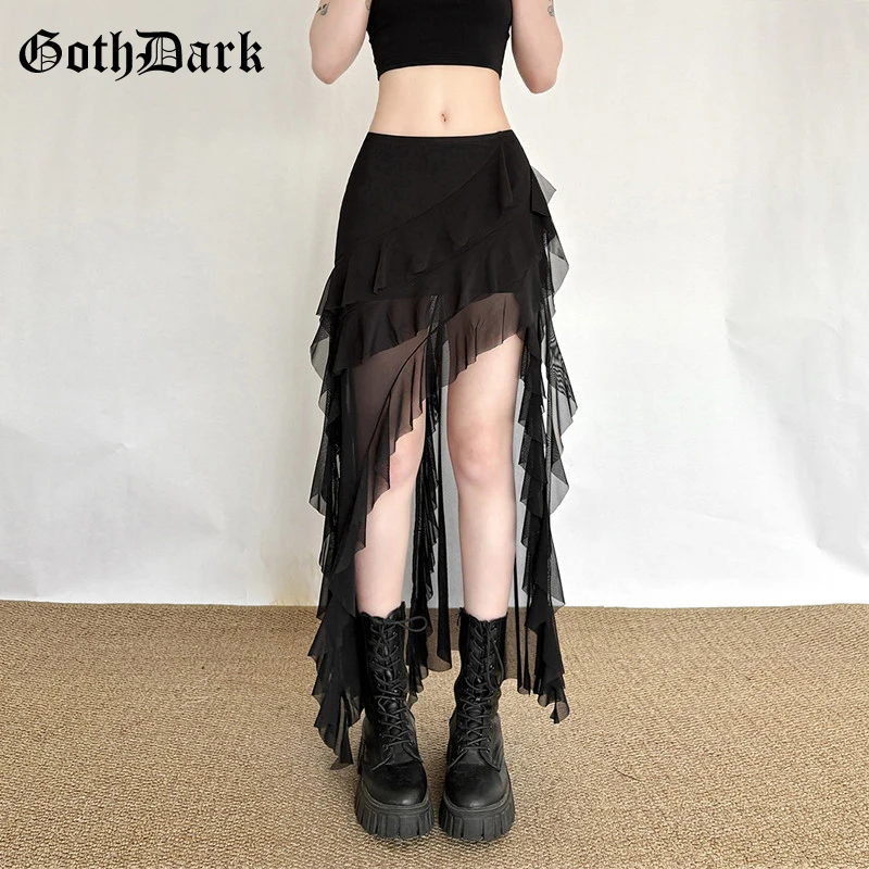 

Goth Dark Mall Gothic Black Outfits Women Fashion Street Bottoms Mesh Patchwork Irregular Hem Skirt Kawaii Ruffles Skirts