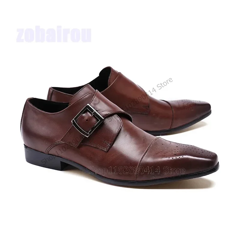 Brązowe buty męskie z kwadratowym noskiem, ozdobione klamrą, oddychające, wsuwane, modne, luksusowe, ręcznie robione buty męskie do noszenia na imprezy, biznesowe, eleganckie.