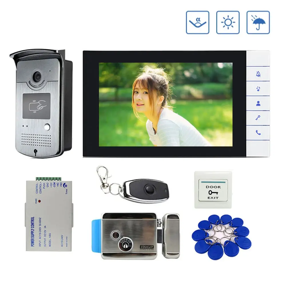 

7 inch Wired Video Door Phone Intercom Entry System 1 Monitor + 1 RFID Access IR 700TVL Camera + Electric Control Door Lock