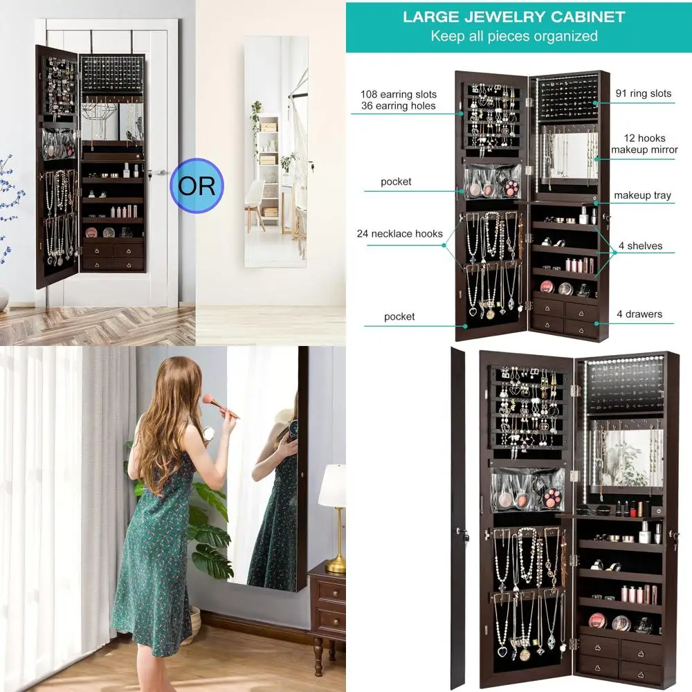 

Wall-Mounted Full-Length Mirror Jewelry Armoire with 47.2 Height, 4 Drawers and Flip-Over Cosmetic Tray in Coffee Finish