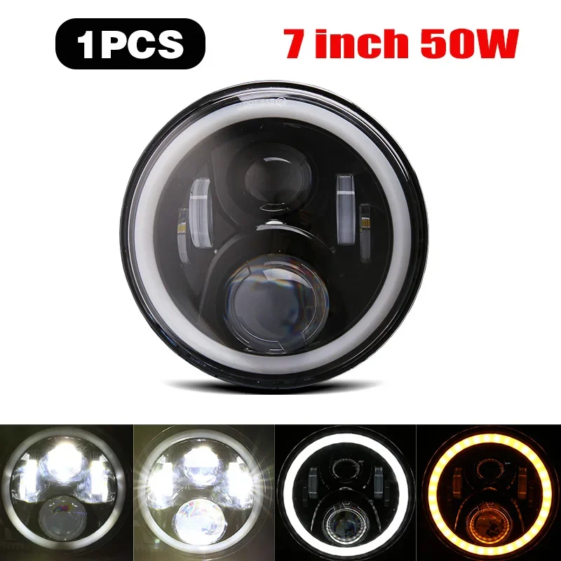 

Pop 7 Inch LED Headlights DRL Hi/Lo Beam 50W Halo Ring Amber Angel Eye For Niva Motorcycle Lada Offroad 4x4 UAZ 12V 24V