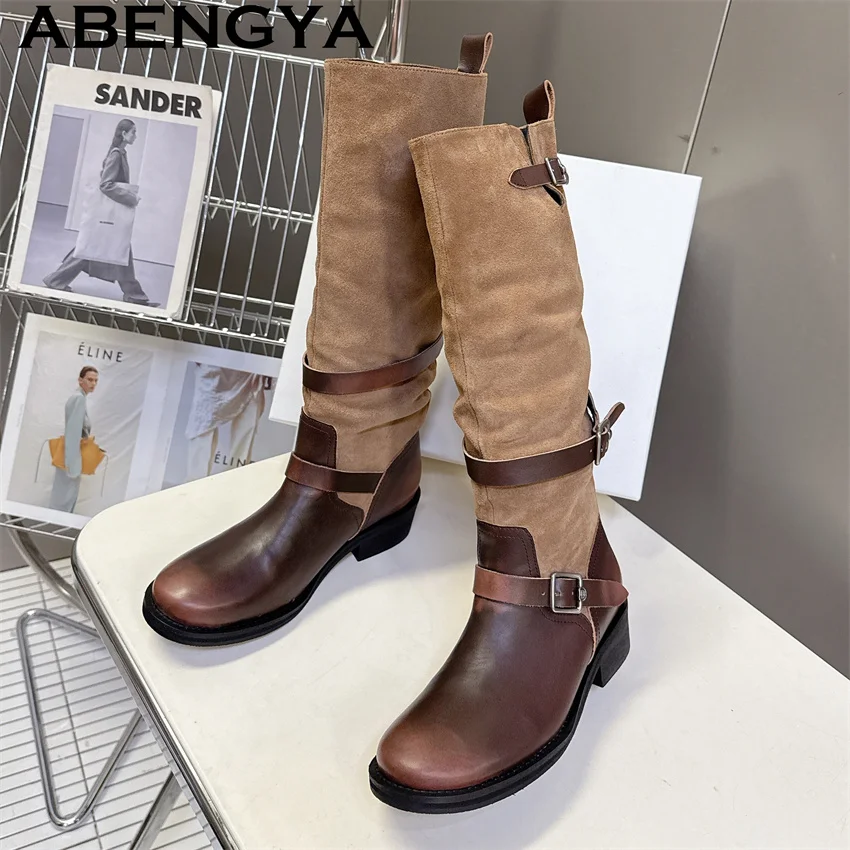 

Мотоциклетные сапоги до колена из натуральной кожи, женские старые ботинки в стиле панк с круглым носком, зимние модные рыцарские сапоги с бантом, женские ботильоны