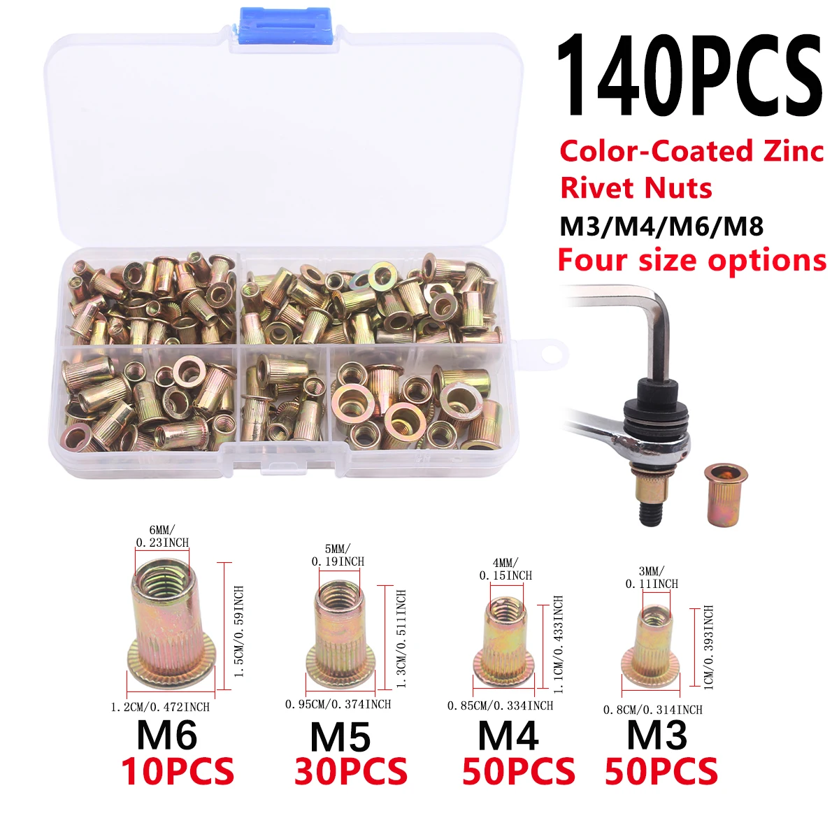 140Pcs Rivet Nut Set, Metric Rivet Nut Assortment (/M6/M5/M4/M3), Suitable for Furniture, Decoration, Automotive, Marine, and Industrial Applications