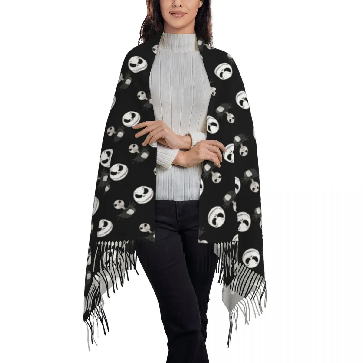 Custom Halloween Jack Skellington Scarf Wrap Women Long Winter Warm Tassel Shawl Unisex The Nightmare Before Christmas Scarves