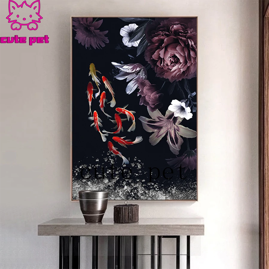 5d mosaic Diamond Painting Modern art, abstract golden fish and peony flower diamond Embroidery full square&round Diamond