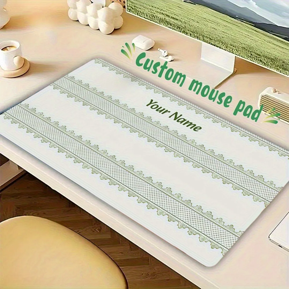 Lightweight Personalized Desk Mat With Precise Stitching, White Background Green Lace Grid Gentle Design