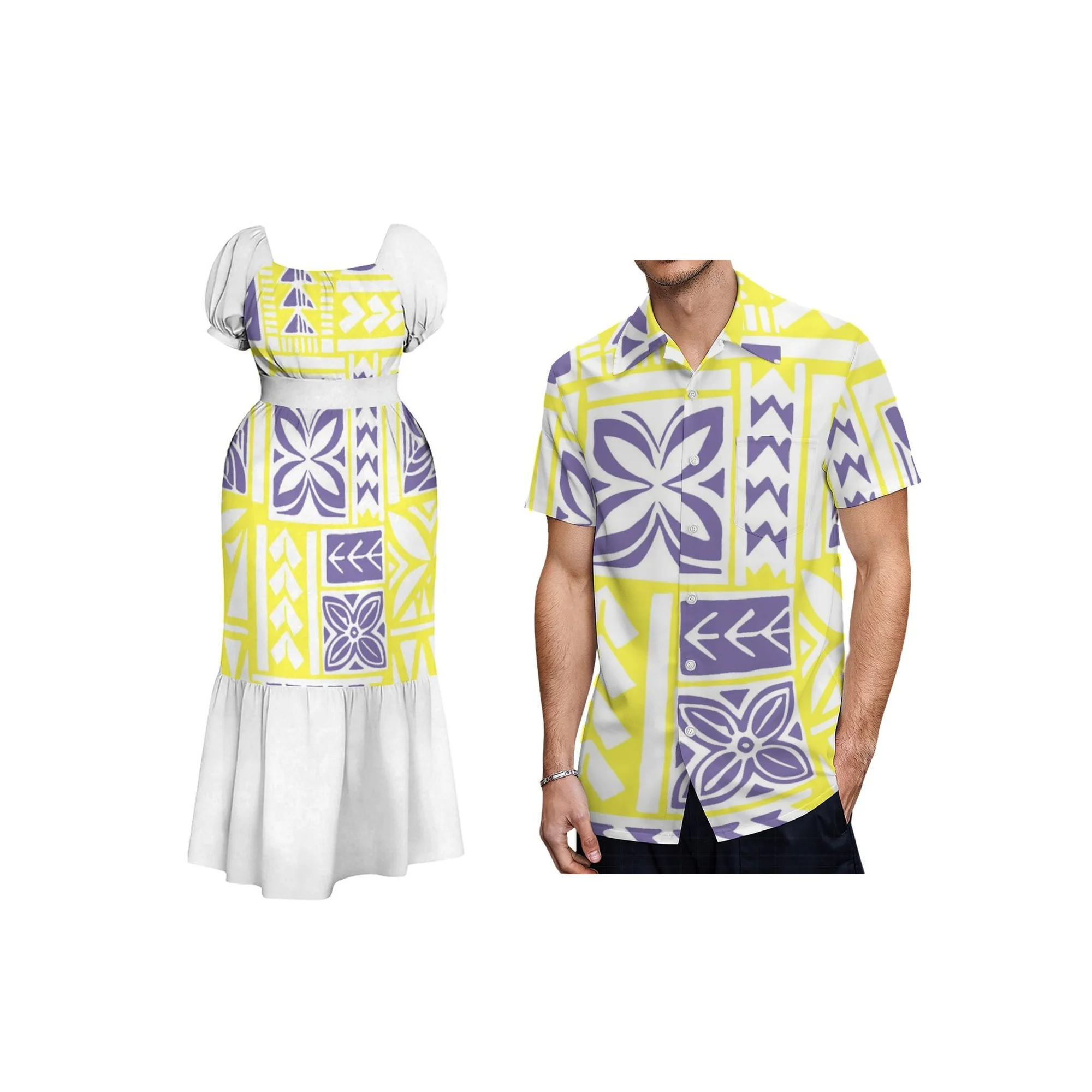 Nuevo Vestido de Mujer con Estampado Polinesio Personalizado, Mangas Abullonadas Cuadradas, Cuello Cuadrado con Cordones, Transpirable, para Vacaciones