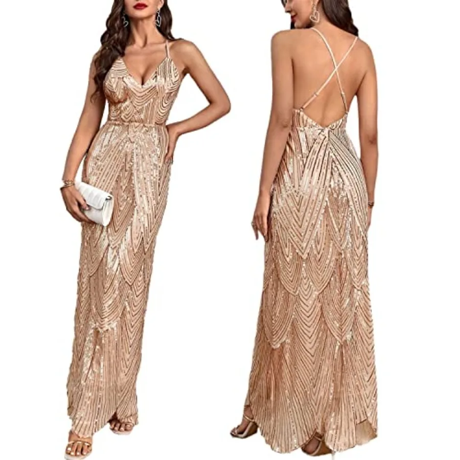 

Women's V Neck Spaghetti Straps Sequin Sparkly Glitter Irregular Hem Prom Dress Backless Maxi Evening Gowns