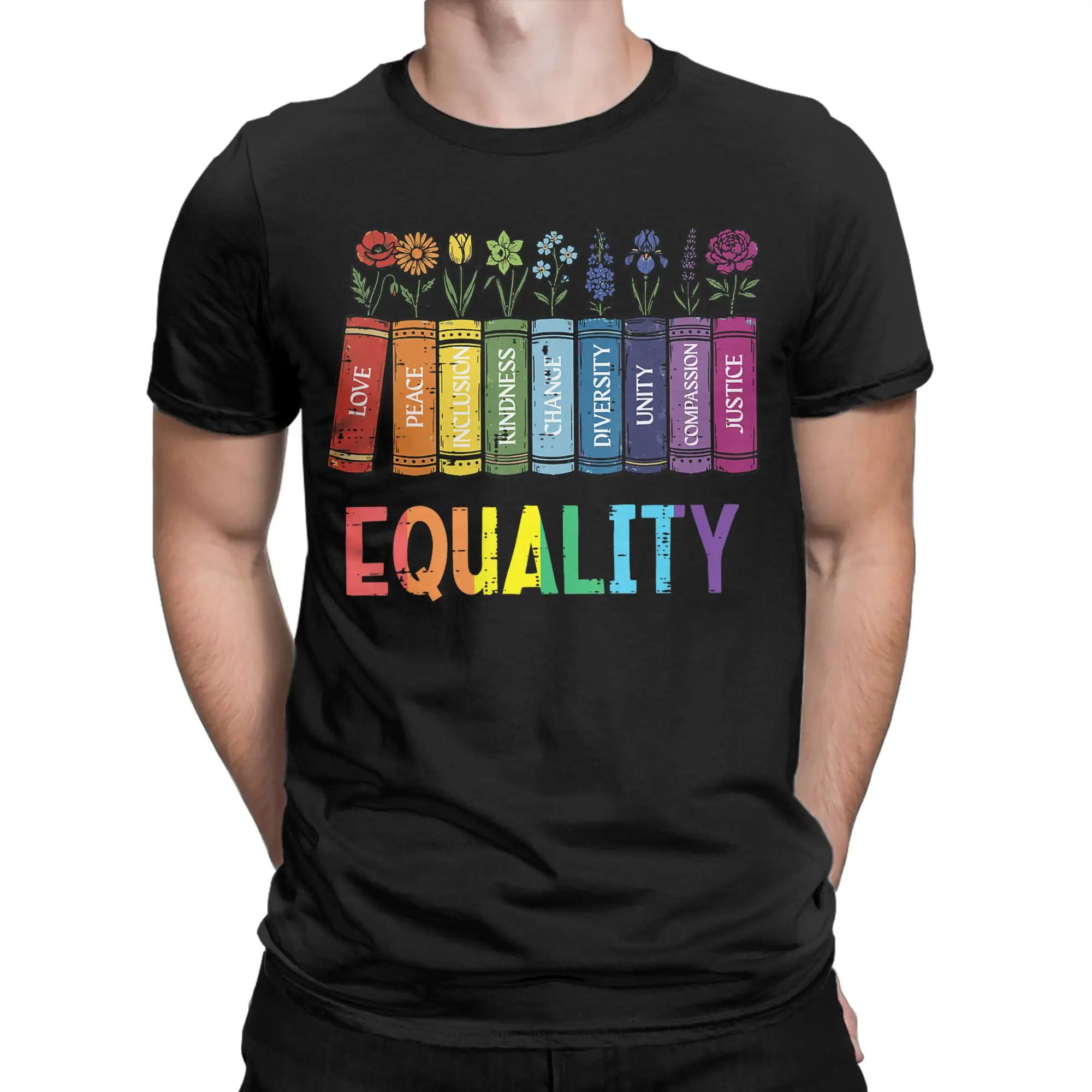 Rainbow Gay Books Flowers Equality Graphic Funny 100% Cotton T-Shirt LGBT Pride Tees Tops For Men