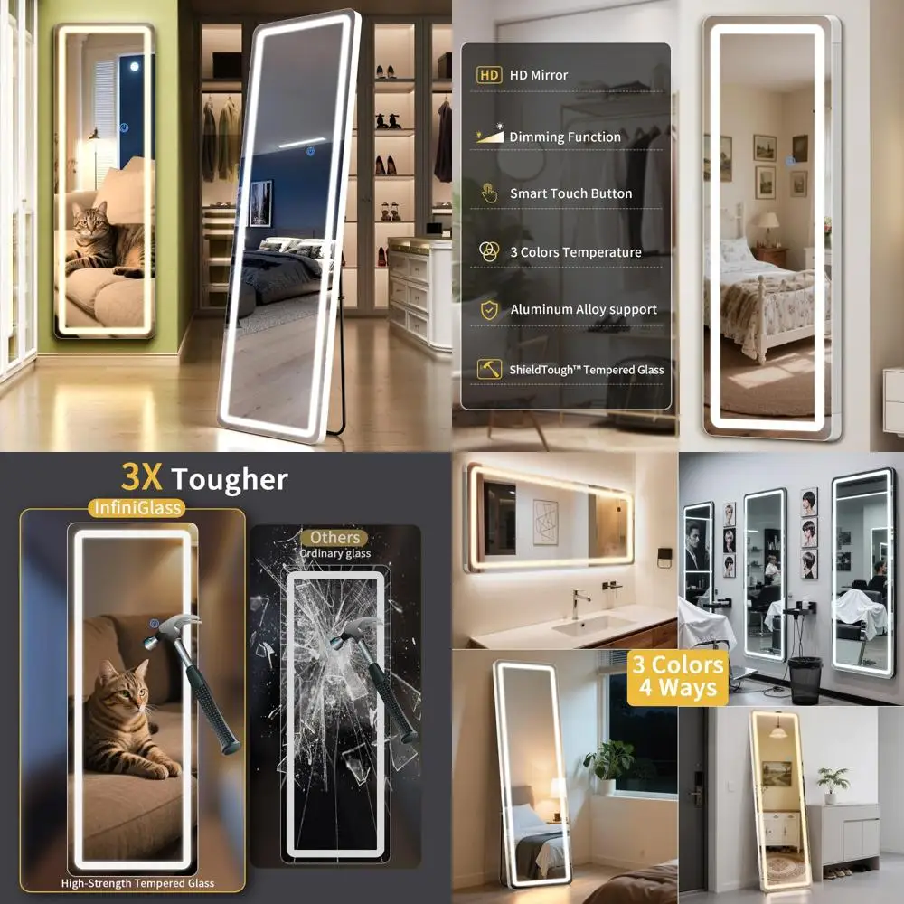 LED Illuminated Full-Length Mirror with Dimming and 3-Color Options, 63x20 Tall for Bedroom Use