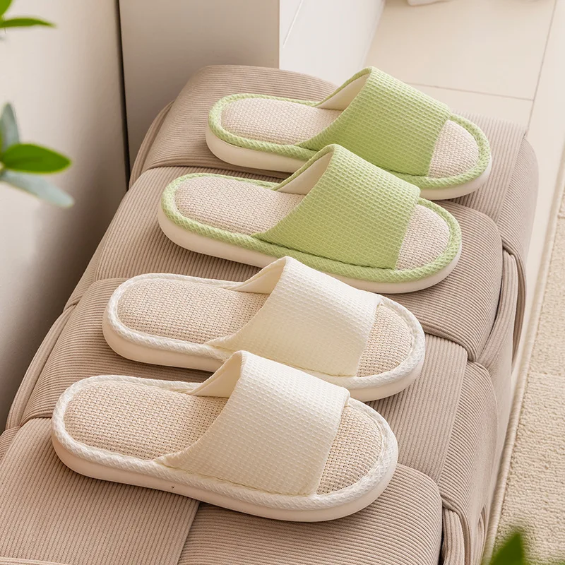 

Home slippers Women's Waffle Linen Slippers European American Thick Soled Simple Cloth Cotton Linen Indoor Cool Slippers