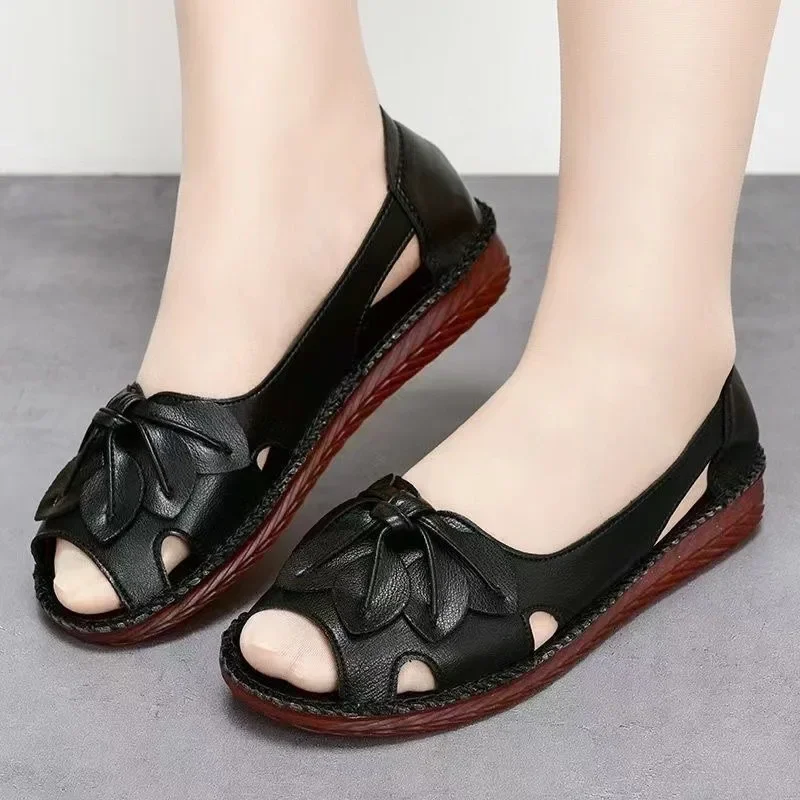 Women Sandals Summer Pu Leather Breathe Comfort Ladies Flats Red Slip on Soft Sole Mom Shoes Fashion Sandalias De Mujer