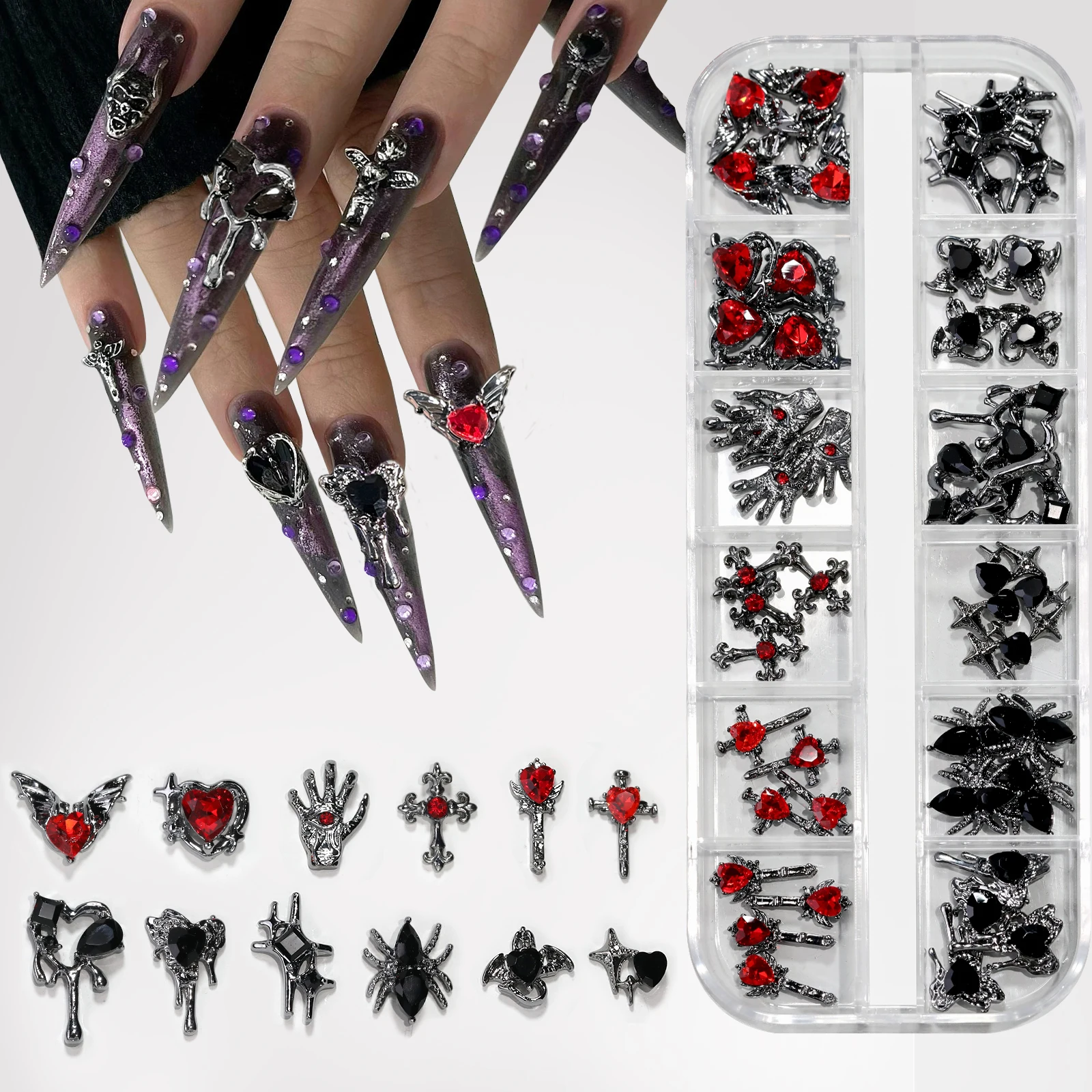 12-Gitter Retro-Legierung Nail Art Schmuck Gothic Punk Stil Y2k herzförmiges Kreuz Spinne Muster DIY Nageldekoration Zubehör