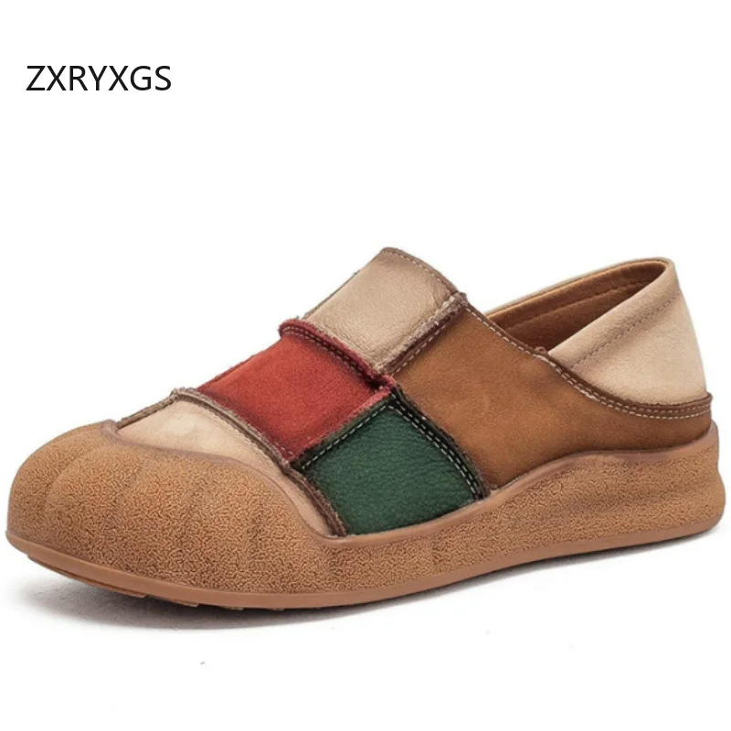 ZXRYXGS 2026 Top Layer Cowhide Spell Colors Splicing Women Trendy Sneakers Casual Shoes Comfort Soft Sole Light Stylish Flats