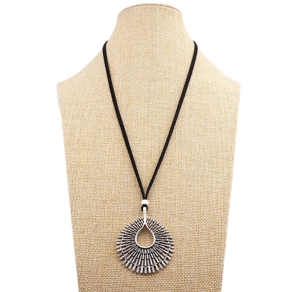 

1 x Tibetan Silver Boho Hollow Open Water Drop Pendant Necklace on Long Black Suede Cord Lagenlook 32‘’ for Jewelry Women