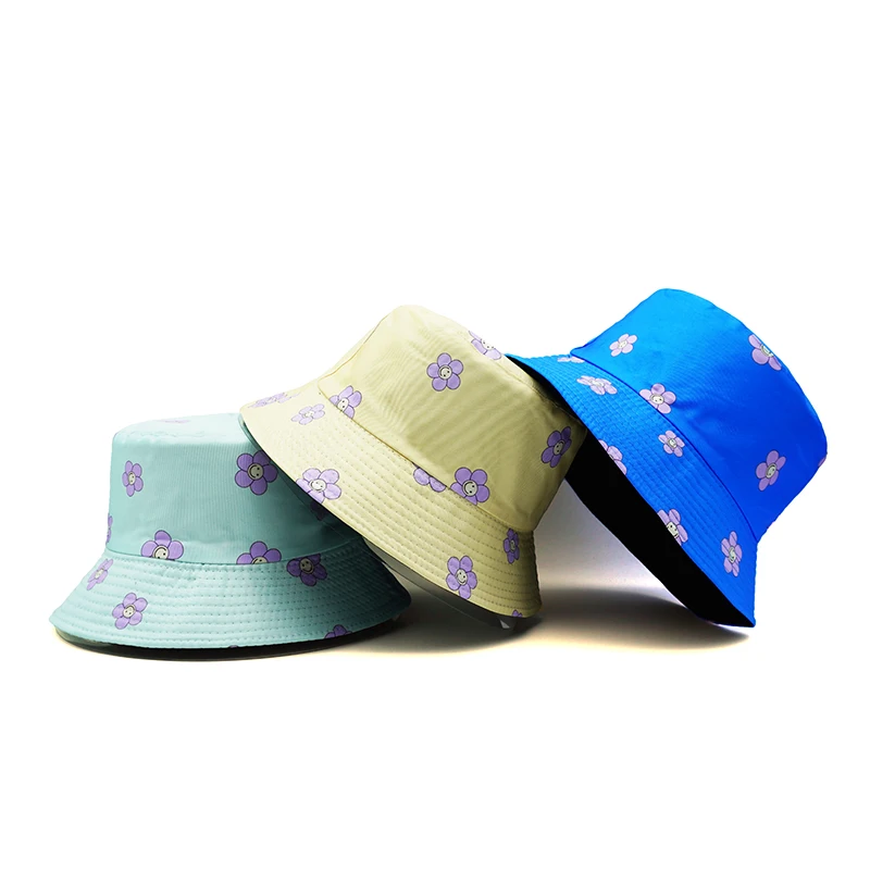 Top Cartoon Flower Bucket Hat Smile Floral Printing Fisherman Hats Girly Double Sides Reversible Panama Caps Travel Outdoor Sun