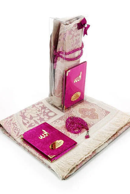 Pocket Oversize Velvet Yasin Book Name Plakalı Prayer Rug Prayer Beads Boxed Special Set Fuchsia