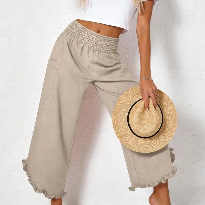 Pantalon Lino para Mujer Cropped Linen Pants Women Summer Casual Smocked Elastic Waist Ruffle Pants with Pockets 6XDA