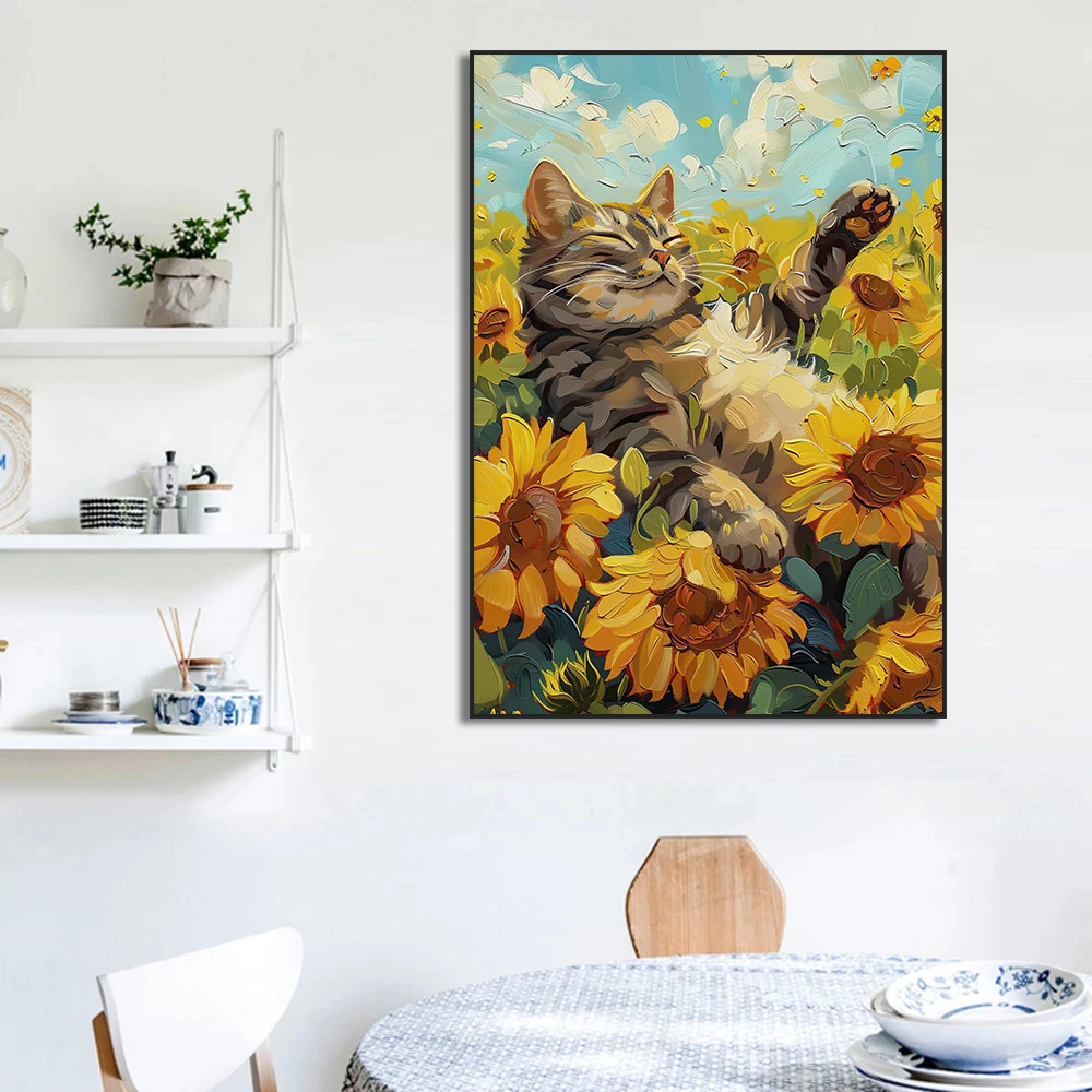 Orange Cat Lying Sunflower Poster Cute Cats Drink Coffee Canvas Painting for Living Room Wall Art Picture Home Decor Mural