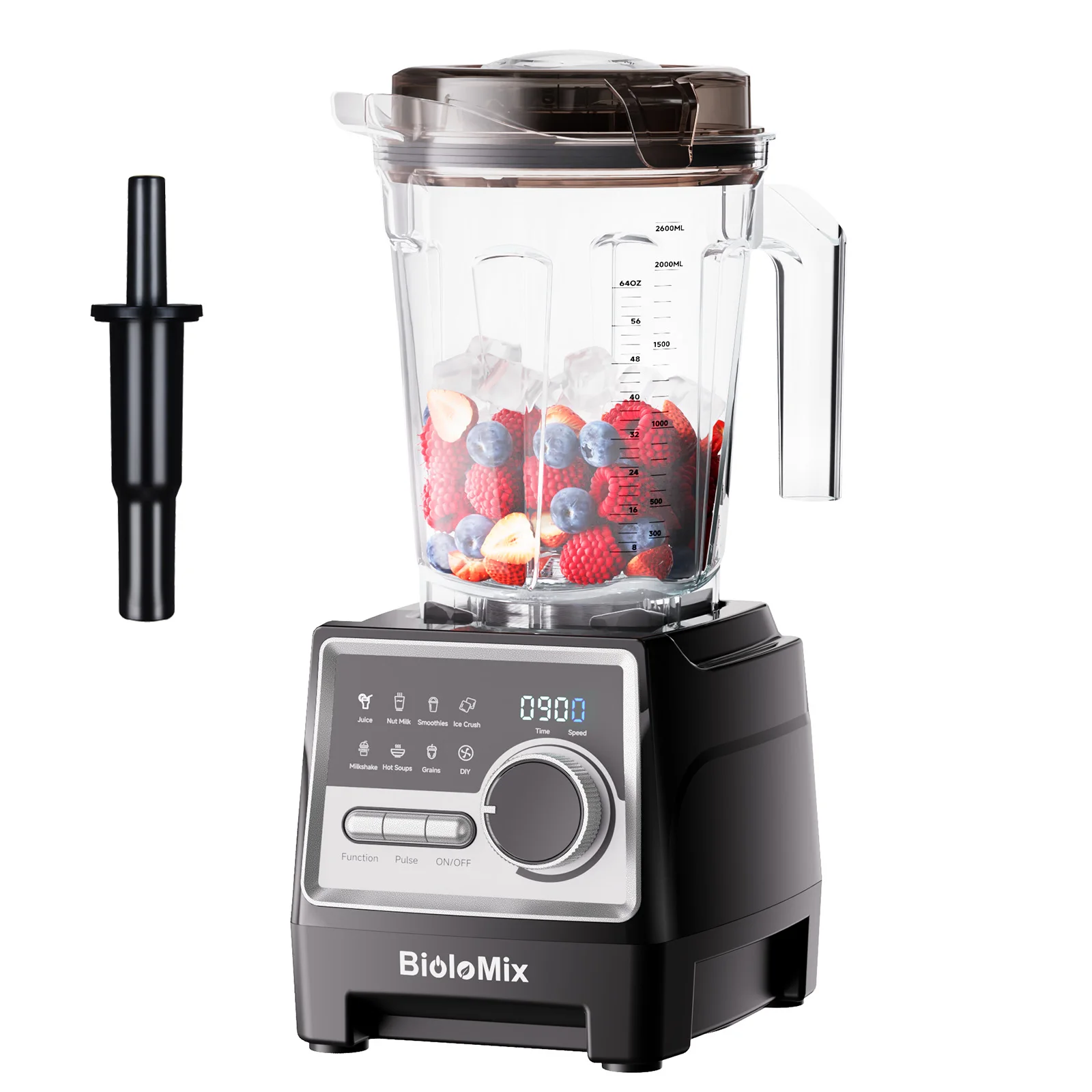 BioloMix Mélangeur professionnel 1500 W avec pot sans BPA de 2,6 L avec 6 lames, 7 programmes prédéfinis pour smoothies, shakes, lait de noix