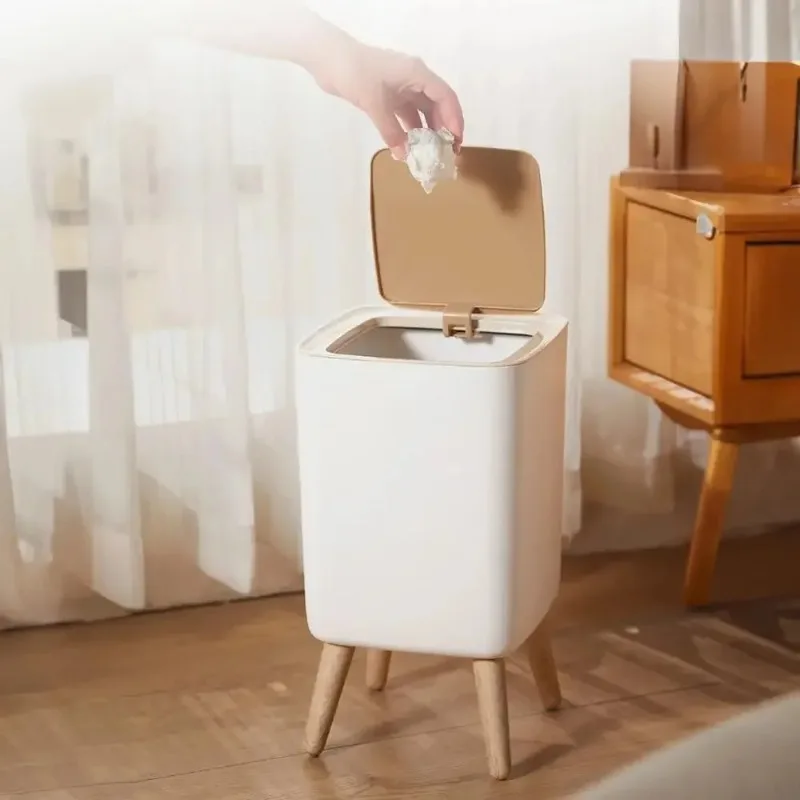 10LWhite Wooden Garbage Bin with Lid-Tall Legged Trash Can for Living Room,Bathroom & Office,Modern Kitchen Waste Bin with Pedal