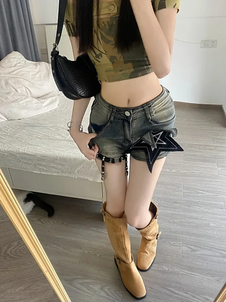 

Американские уличные джинсовые шорты в стиле панк для женщин, летние винтажные синие брюки Y2k Subcultural Shot Pantalones Cortos De Mujer