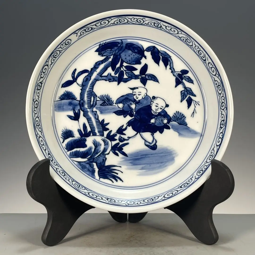 Hand Painted Underglaze Blue Kids Playing Pattern Porcelain Tea Tray Pot Stand Chinese Cultural Play Decor Plate
