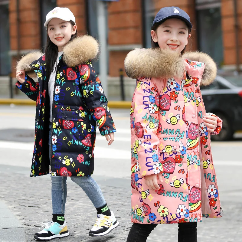 5-16 Years Winter Girls Down Jacket Fur Collar Hooded Cartoon Printed Long Teenage Girl Outerwear Coat Kids Graffiti Outfit