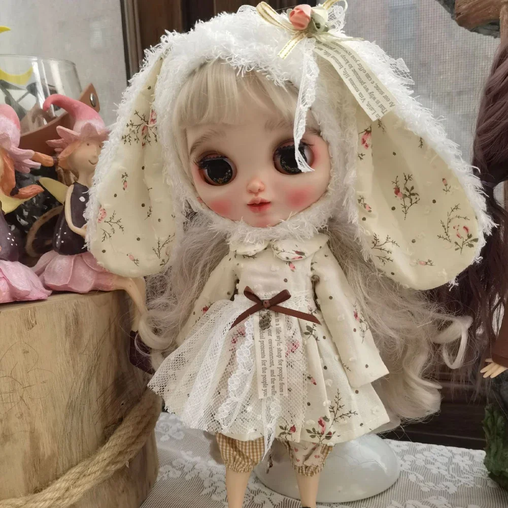 Boneca artesanal saia vestido com orelha grande chapéu de coelho boneca vestido estampado floral para blythes ymy licca azones ob24 ob27 fr boneca