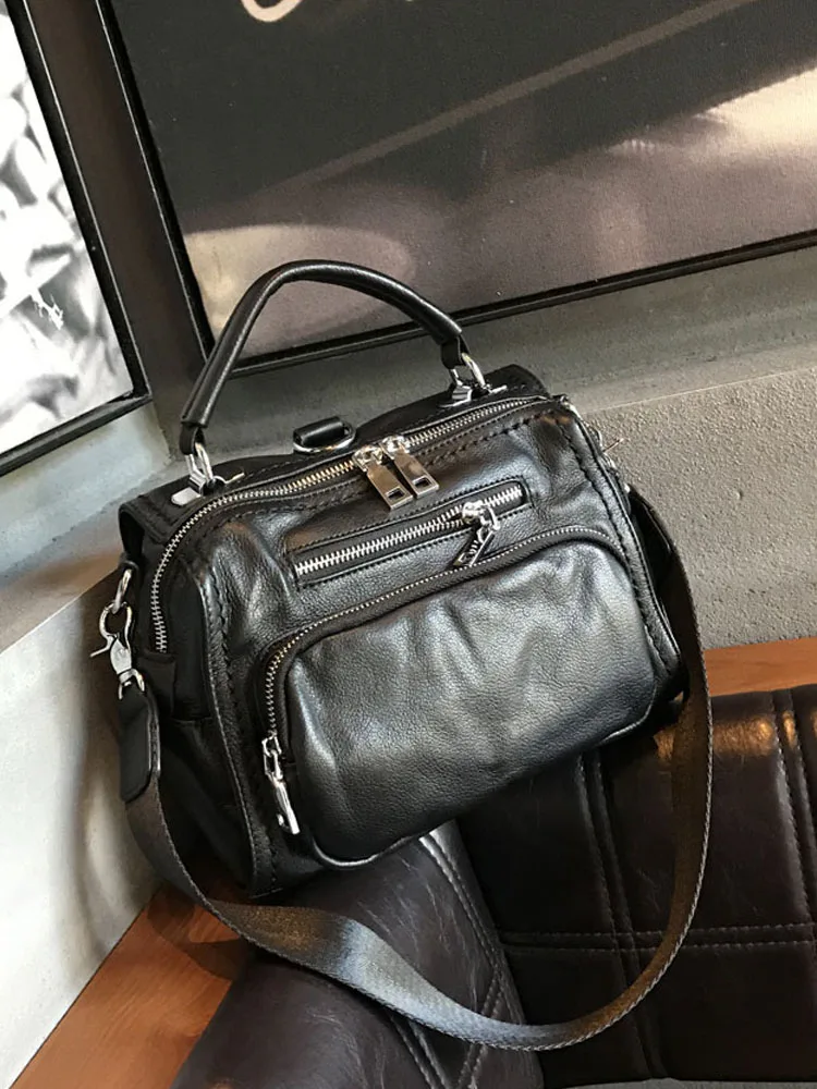 Schwarz Echtes Leder Frauen Handtasche Fashion Zipper Totes Einzelner Schulter Taschen Einfache Feste Farbe Lässige Umhängetaschen