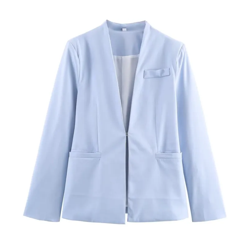 Ladies' Collarless Slim Fit Casual Suit Jacket Autumn Solid Long Sleeved Pockets Decoration Single Button Women's Tops