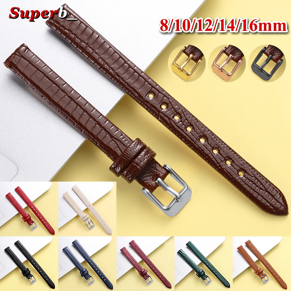 Ultra-thin Leather Wristwatch Band 8mm 10mm 12mm 14mm 16mm Lizard-patterned Leather Watch Strap Silver Pin Gold Buckle with Tool