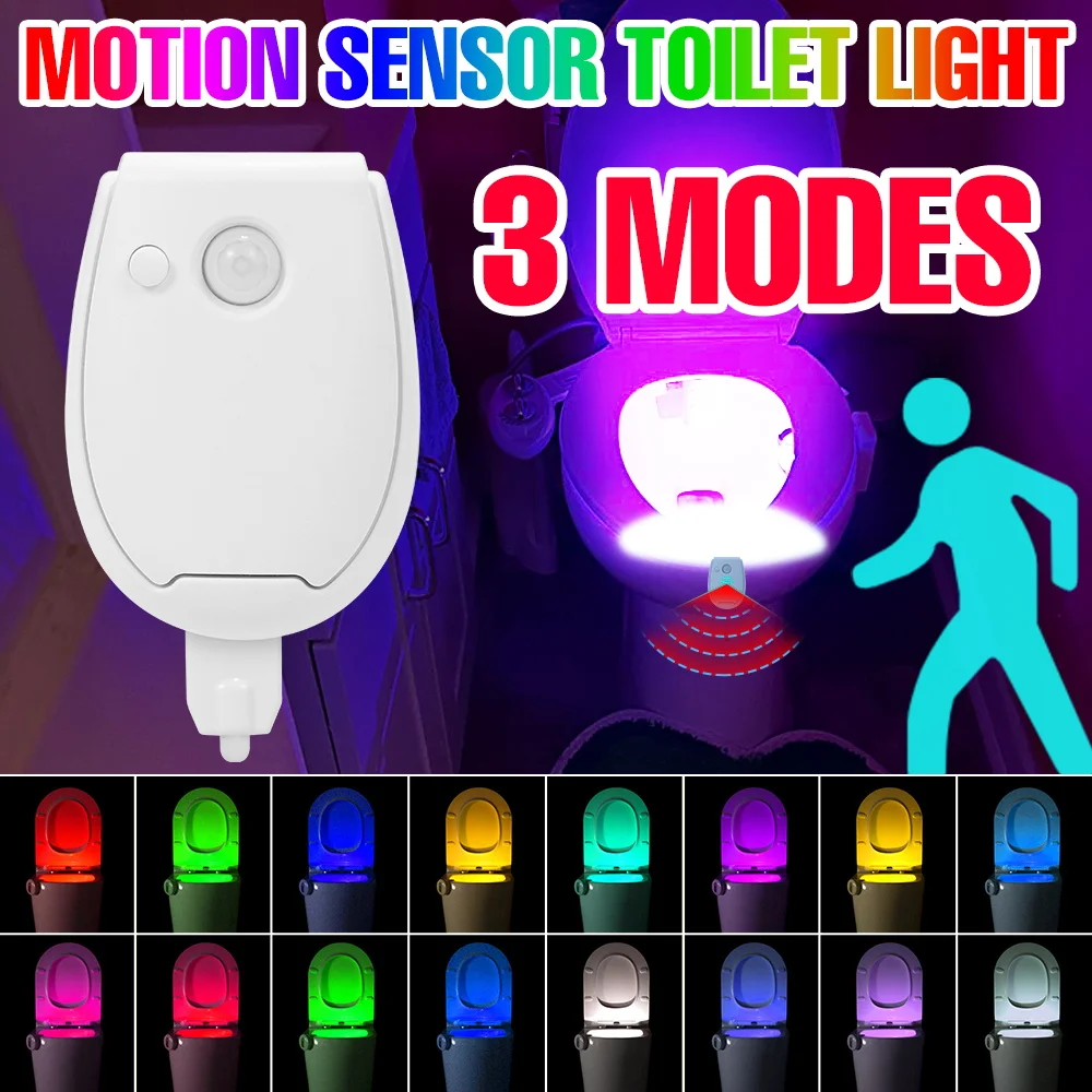 

Светодиодная лампа для унитаза с интеллектуальным датчиком движения PIR, водонепроницаемая подсветка для сиденья унитаза, 7 цветов, 3 режима, атмосферное освещение