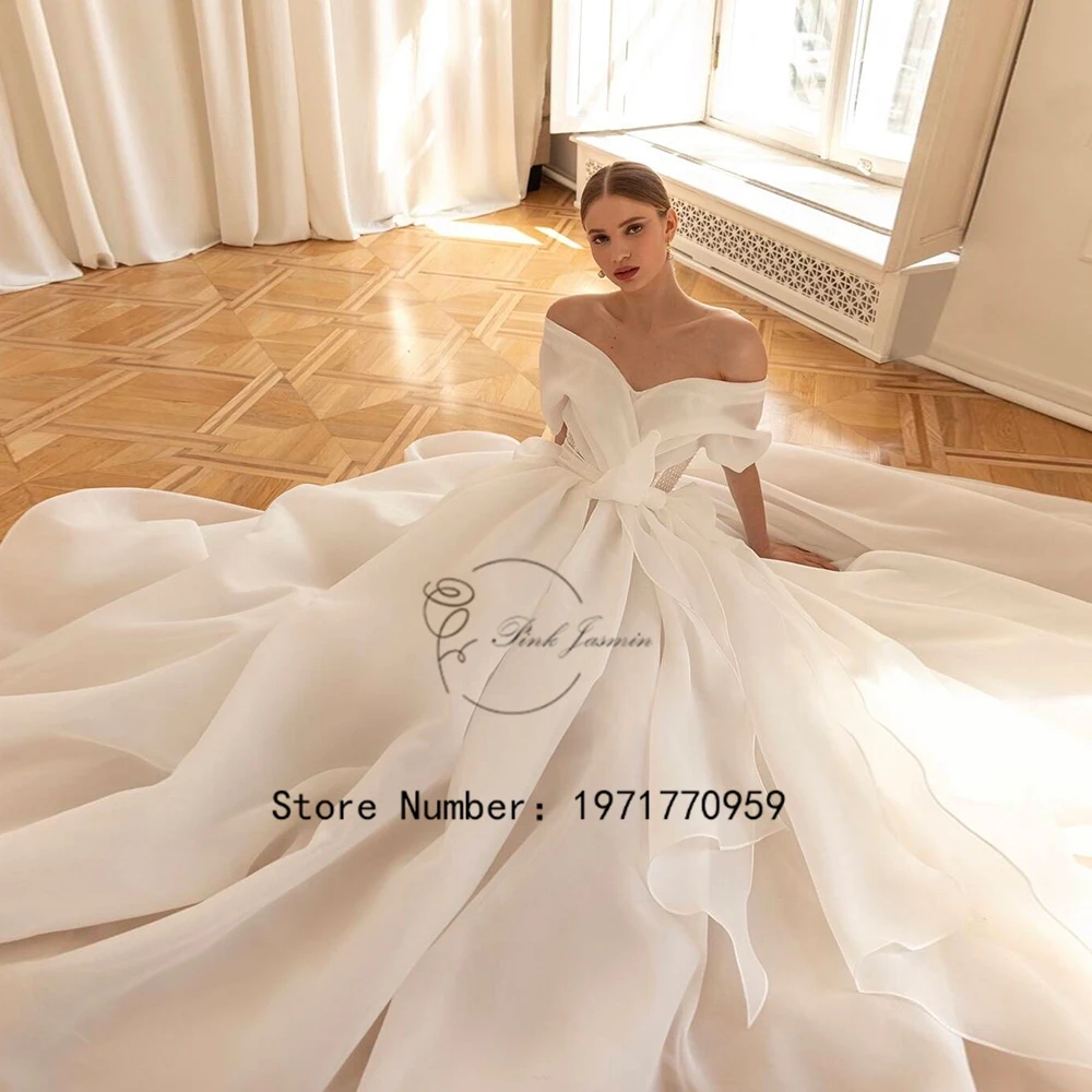 Organza Ivory Off Shoulder Wedding Dress Bride Dresses Court Train Simple A Line Back With Zipper Wedding Gown Vestido De Noche