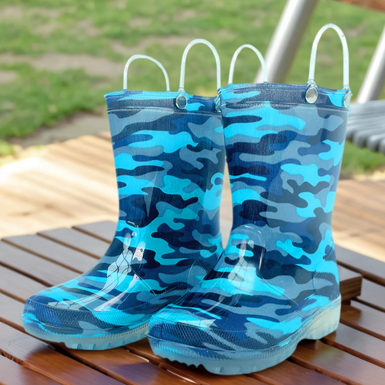 

Kids Rain Boots, Camouflage Blue Toddler Rain Shoes with Handle, Waterproof Non-Slip Soft Sole for Boys Girls