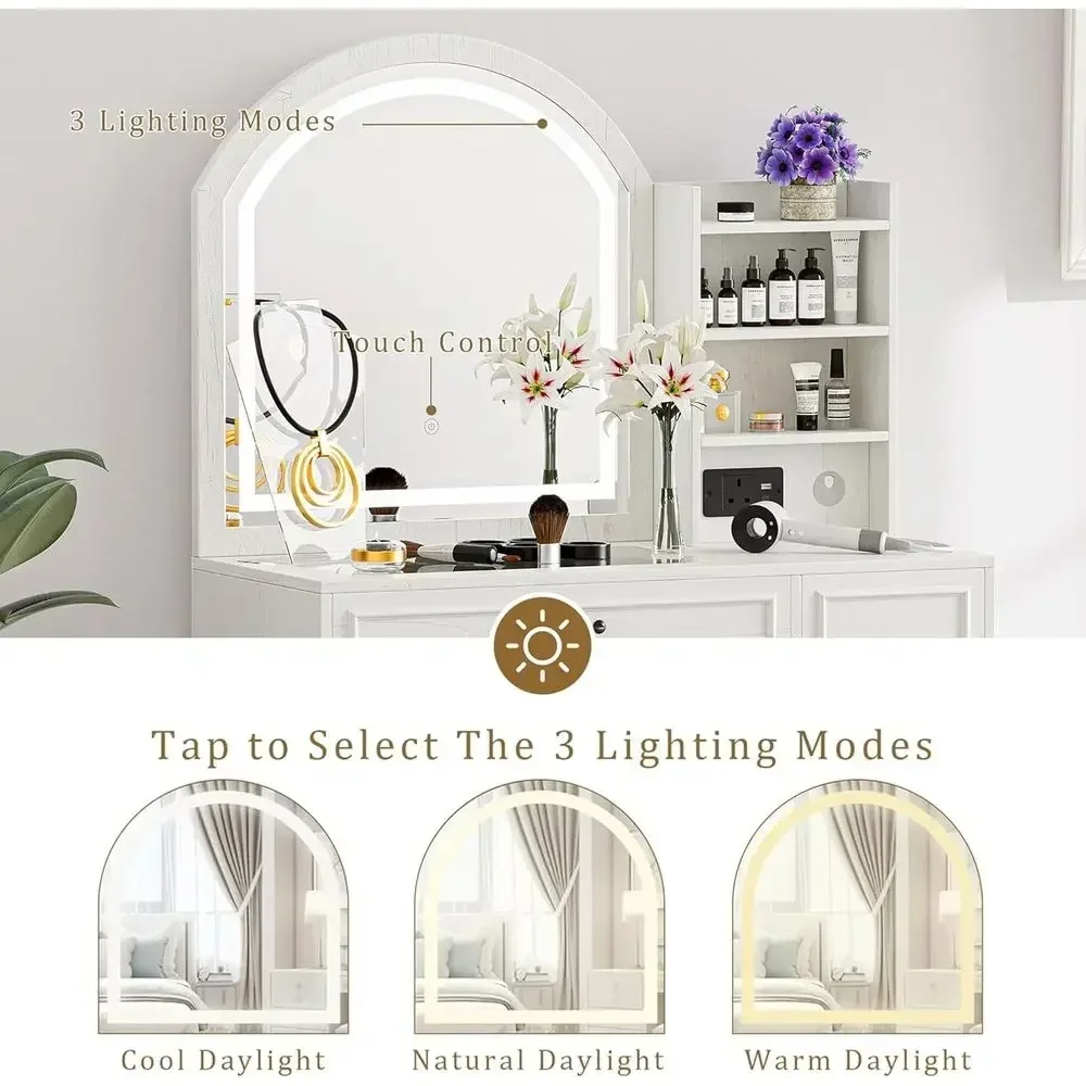 Antique White Makeup Vanity Desk with Mirror, Lights, Side Cabinet and Glass Top