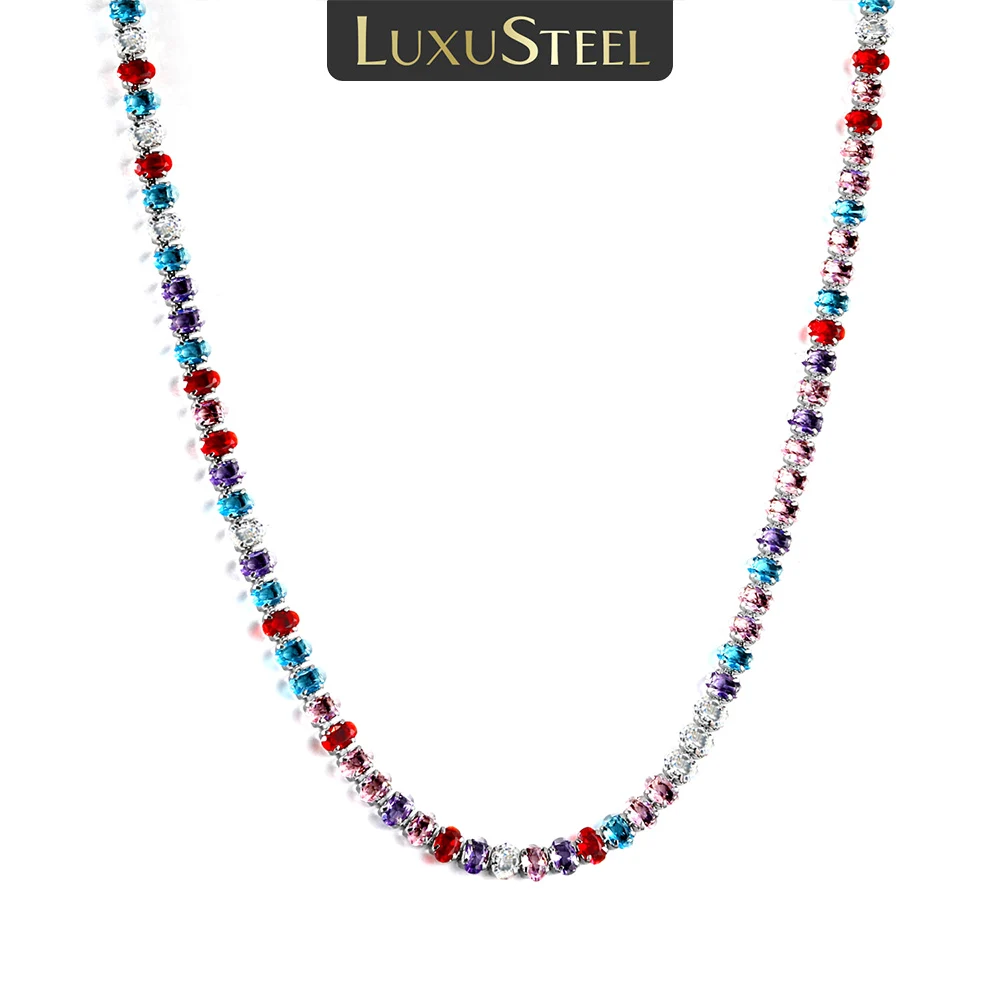 LUXUSTEEL Mixed Color Round Crystal Women’s Pendant Necklace Stainless Steel Cubic Zirconia Female Chain Necklace Jewelry Gift