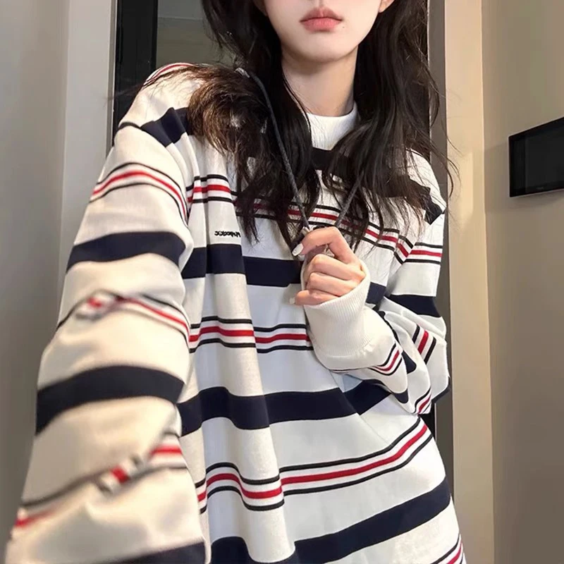 2024 Women\'s Trendy Vintage Striped Oversize Casual Streetwear T-shirts Y2K Harajuku O Neck Long Sleeve Tunic Tops Ropa De Mujer