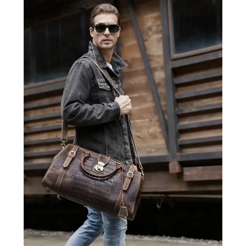 Fashion Men's Leather Alligator Pattern Travel Bag Large Capacity Lockable Handbag