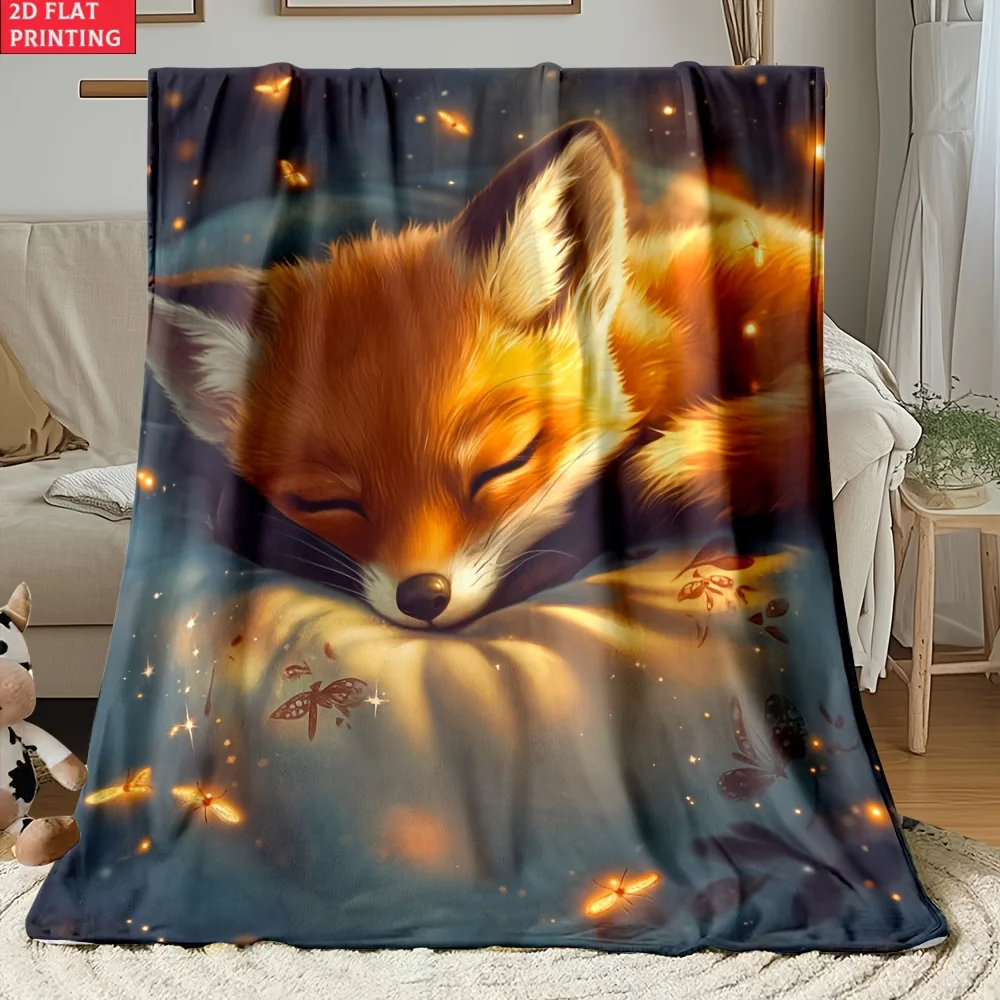 Fantasy Fireflies Fox Throw Blanket Cute Animal Night Sky Sparkle Bokeh Pattern Vivid Warm Cover For Sofa Accent Chair
