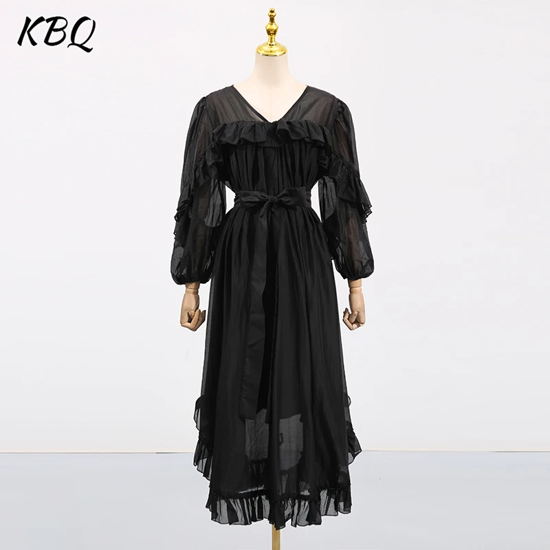 

KBQ Loose Folds Casual Solid Dresses For Women V Neck Long Sleeve High Waist Spliced Lace Up Draped Temperament Dress Female New