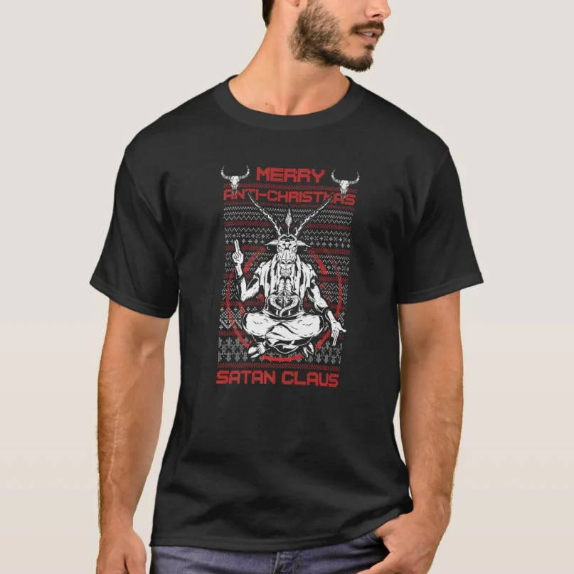 Ugly Christmas Sweater Baphomet Merry Antichristmas Satan Claus T-Shirt New 100% Cotton O-Neck Short Sleeve Casual Mens T-shirt