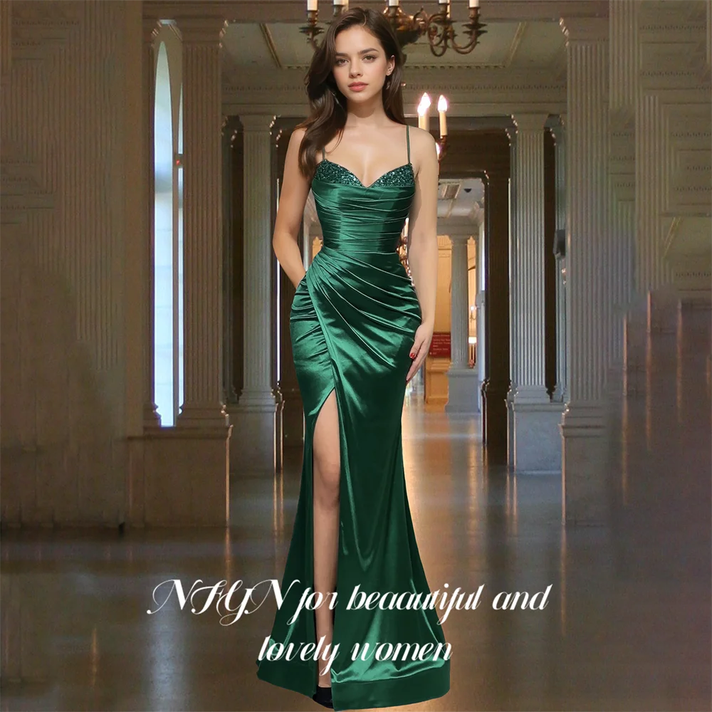 

NFYN Dark Green Stain Formal Gown Sweetheart Women's Evening Dress Sequin Beading Pleat Celebrity Dresses with Slit Customized