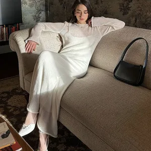 ربيع الخريف يا الرقبة مرنة محبوكة فساتين طويلة نسائية 2024 أنيقة أنيقة لينة سيدة جوفاء سترة فساتين فيمي جديد أفضل 6 فساتين بسيطة طويلة للمبيعات - رقم 6