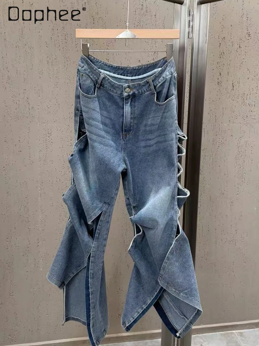 

2026 Spring Summer Personality Deconstruction Style High-waisted Slit Straight-leg Jeans Retro Trend Handsome Wide-leg Pants