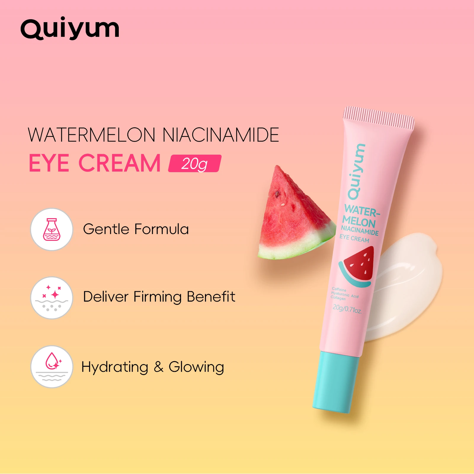 Quiyum Watermelon Niacinamide Eye Cream 20g High Moisture Radiant Glow with Caffeine & Hyaluronic Acid